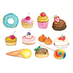 set of cakes and sweets