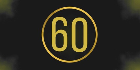 Number 60. Banner with the number sixty on a black background and gold details with a circle gold in the middle