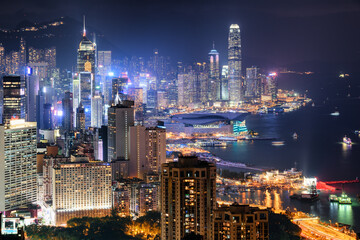 Fototapeta na wymiar Amazing night aerial view of skyscrapers in Hong Kong