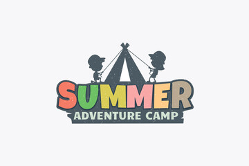 summer camp logo with boy and girl doing outdoor activities.