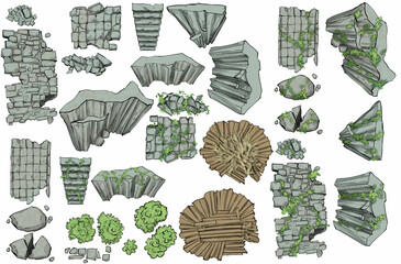 A constructor for creating game cards for board games such as dungeons and dragons, it has steep high cliffs, tiles of ancient ruins, stones with ivy whole and split, bushes, wooden structures. 2d art