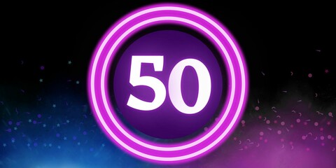 Number 50. Banner with the number fifty on a black background and blue and purple details with a circle purple in the middle