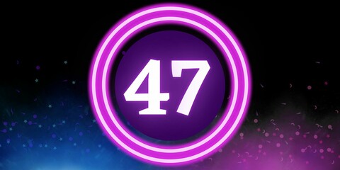 Number 47. Banner with the number forty seven on a black background and blue and purple details with a circle purple in the middle