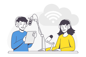 Podcast Recording with Young Man and Woman with Microphone Broadcasting and Live Streaming Outline Vector Illustration