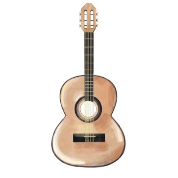 acoustic guitar isolated on white. Illustration of a guitar in a watercolor style. Sketch of a saxophone in color for postcards, posters, logos.