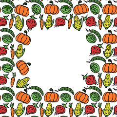 Seamless vegetables pattern with place for text. Colored doodle vegetables pattern. Food background
