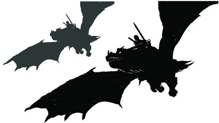 A black silhouette of a warrior with a sword sitting astride a huge flying dragon with large wings, a large spiked head with glowing eyes and teeth. 2da art