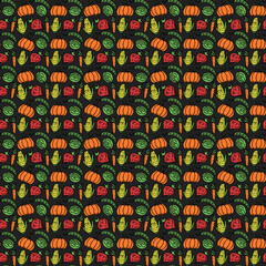 Seamless pattern with vegetables icons. Colored doodle vegetables pattern. Food background