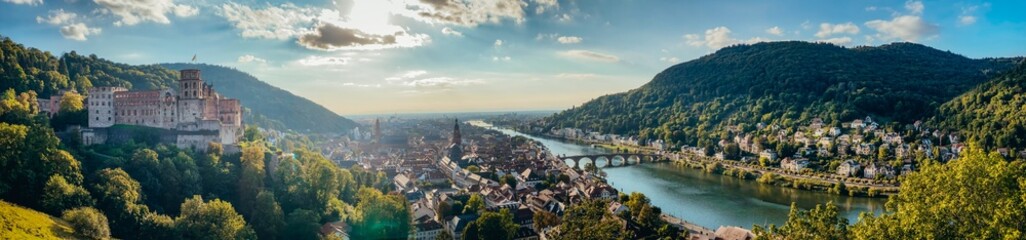  Panoramic view from Scheffelterrasse on the Unique city of Heidelberg in September 2021..  - obrazy, fototapety, plakaty