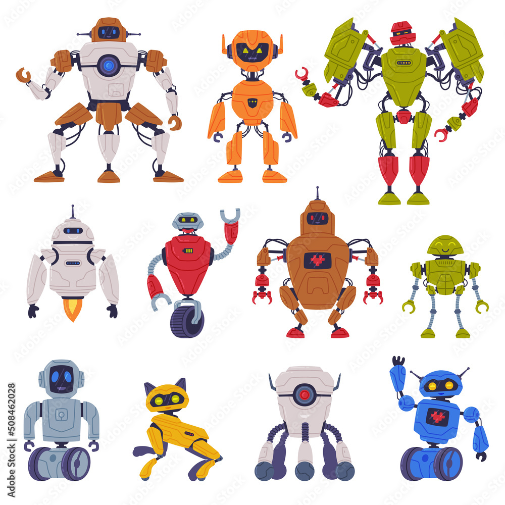 Poster metal robot machine with limbs for labor automation vector set