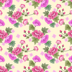 Sweet pink flowers on yellow background seamless pattern. Can be used for fabric textile wallpaper.