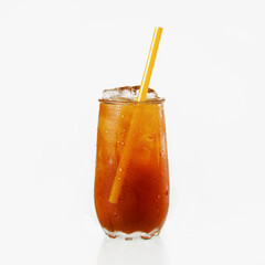 Cold black coffee with ice in a misted glass. Summer espresso. Isolated