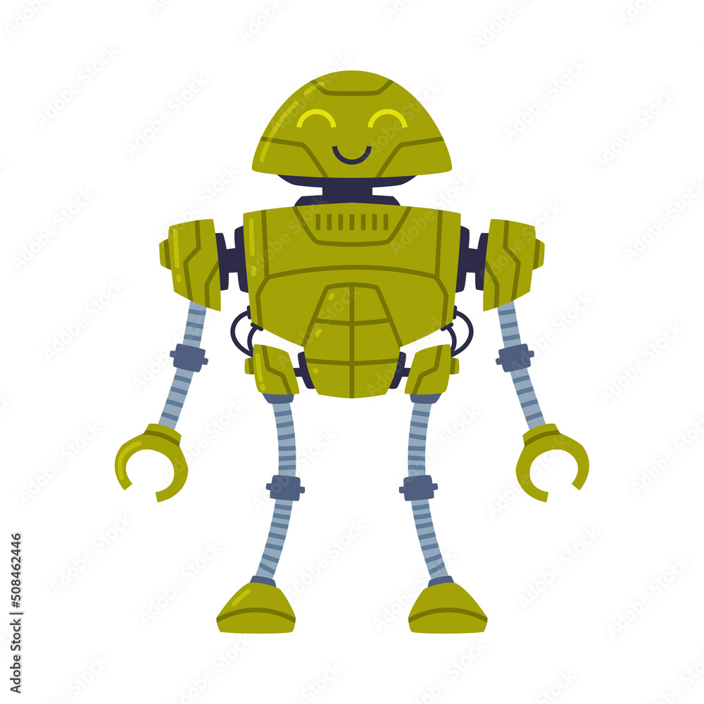 Poster metal green robot machine with limbs for labor automation vector illustration