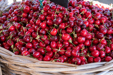 New season of ripe red sweet cherry summer fruits