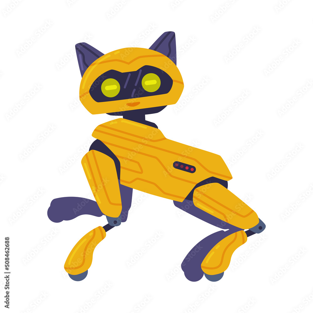 Poster metal cat robot machine with limbs for labor automation vector illustration