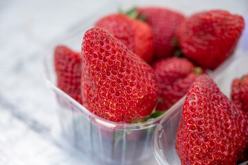 Seasonal fruits, red sweet ripe strawberries for sale on french farmers market