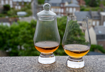 Two glasses of scotch whiskey with view on old houses on background, Edinburgh whisky tasting tour, Scotland