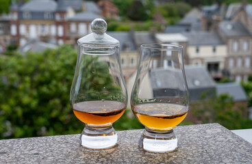 Two glasses of scotch whiskey with view on old houses on background, Edinburgh whisky tasting tour, Scotland