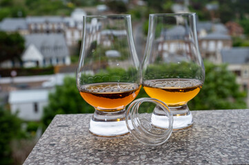 Two glasses of scotch whiskey with view on old houses on background, Edinburgh whisky tasting tour, Scotland