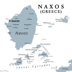Naxos and Lesser Cyclades, Greek islands, gray political map. Island group in the Aegean Sea, part of the Cyclades archipelago. Popular tourist destination with a number of beaches and several ruins.