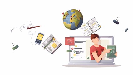 Laptop with teacher on the screen and study supplies. Studying, Online training, distance education, e-learning, tutorials and courses concept. Animation video.