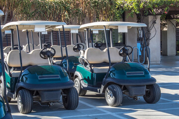 Rows of golf carts in parking area.