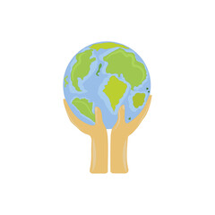 A huge hand holding the earth. Vector illustration of conceptual icons about environmental protection and world peace.