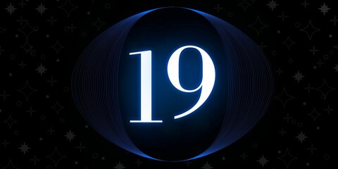 Number 19. Banner with the number nineteen on a black background and white stars with a circle blue in the middle