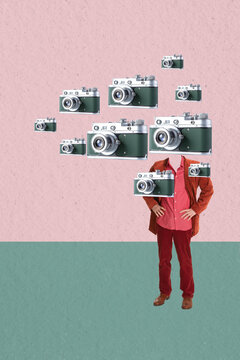 Contemporary Art Collage. Man In Red Suit Surrounded By Many Retro Camera Devices Isolated Over Pink Green Background