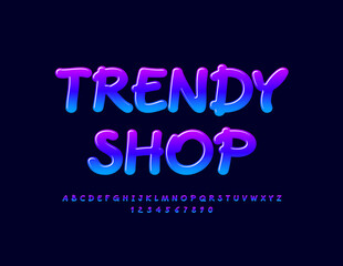 Vector glossy Emblem Trendy Shop. Modern Bright Font. Creative Alphabet Letters and Numbers.