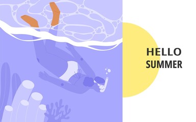 Flat vector illustration with female character in mask diving in the sea or ocean to the coral reef. Summer vacation banner on a tropical island or seaside resort.
