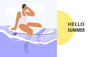 Flat vector illustration with female character surfing in the sea or ocean. Summer vacation banner on a tropical island. Concept of a vacation at a seaside resort. 