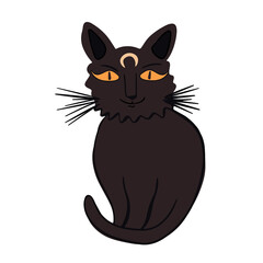 Black magic cat with moon sitting. Doodle hand drawn vector illustration isolated on white