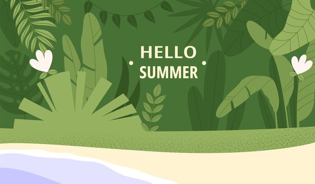 Flat vector illustration of a tropical landscap. Summer vacation banner on a tropical island or seaside resort.