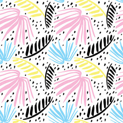 Seamless tropical pattern with hand drawn palm leaves and jungle plants