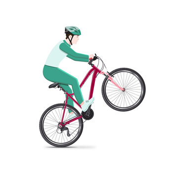 Vector cyclist in a helmet on a bicycle in a jump