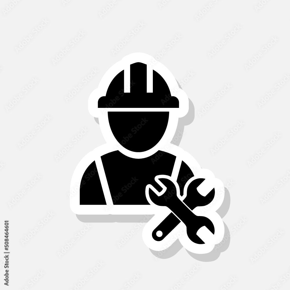 Poster worker with tool icon sticker sign for mobile concept and web design