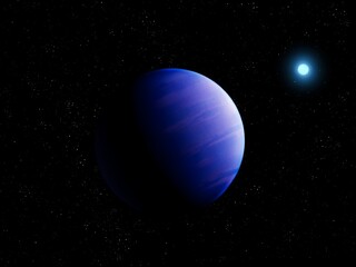 Mysterious blue exoplanet with a star in space. Extrasolar planet, Super-earth.