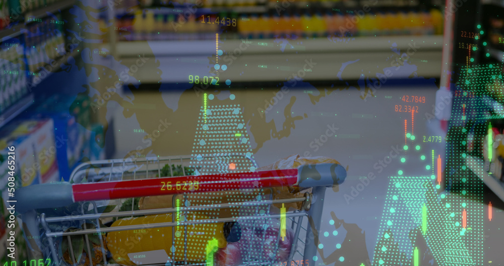 Poster image of data processing over trolley in shop