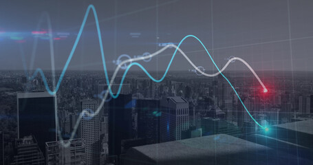 Image of financial data and statistics processing over city background