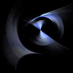 Blue striped, straight and arcuate blades of an abstract propeller rotate on a black background. Icon, logo, symbol, sign. 3d rendering. 3d illustration.