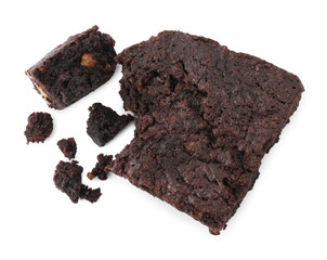 Delicious chocolate brownie with nuts on white background, top view