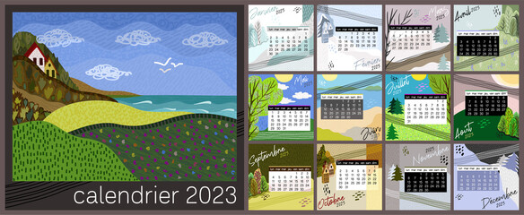 Calendar 2023 in french language. Colorful monthly calendar with various landscapes. Cover and 12 monthly pages. Week starts on Monday, vector illustration. Square pages. - obrazy, fototapety, plakaty