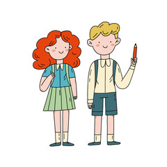Back to school, educational website page, characters holding pencil.  Cartoon flat vector illustration. Girl and boy school students in color.