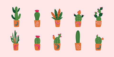 Set of cute cactis and succulents in clay brown pots. Flat vector illustration. Summer mexican cactus collection.