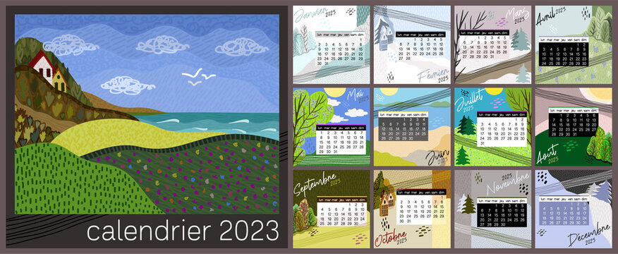Calendar 2023 in french language. Colorful monthly calendar with various landscapes. Cover and 12 monthly pages. Week starts on Monday, vector illustration. Square pages.