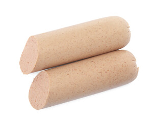 Pieces of delicious liverwurst on white background, top view