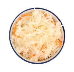 Bowl of tasty sauerkraut with carrot on white background, top view
