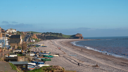 Winter sunshine in the bay at Budleigh Salterton, a small coastal town in east Devon UK