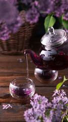 Obraz na płótnie Canvas Purple tea is poured from a glass teapot into cups. Lilac flowers are all around